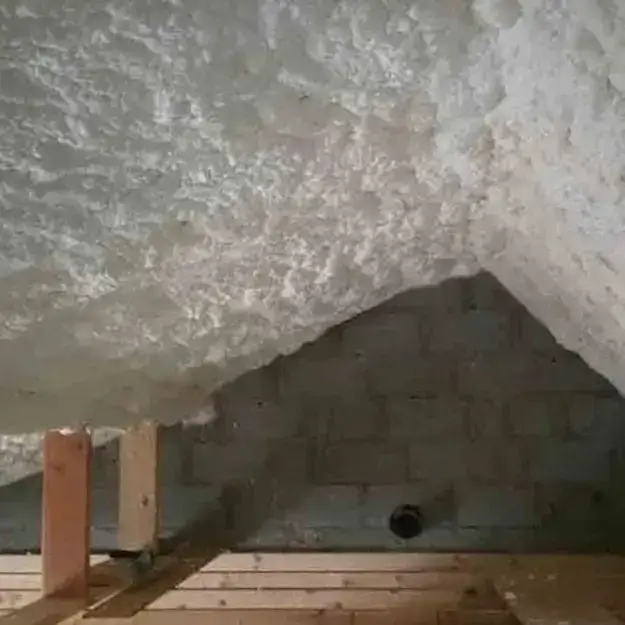 Rafters covered in spray foam insulation in attic